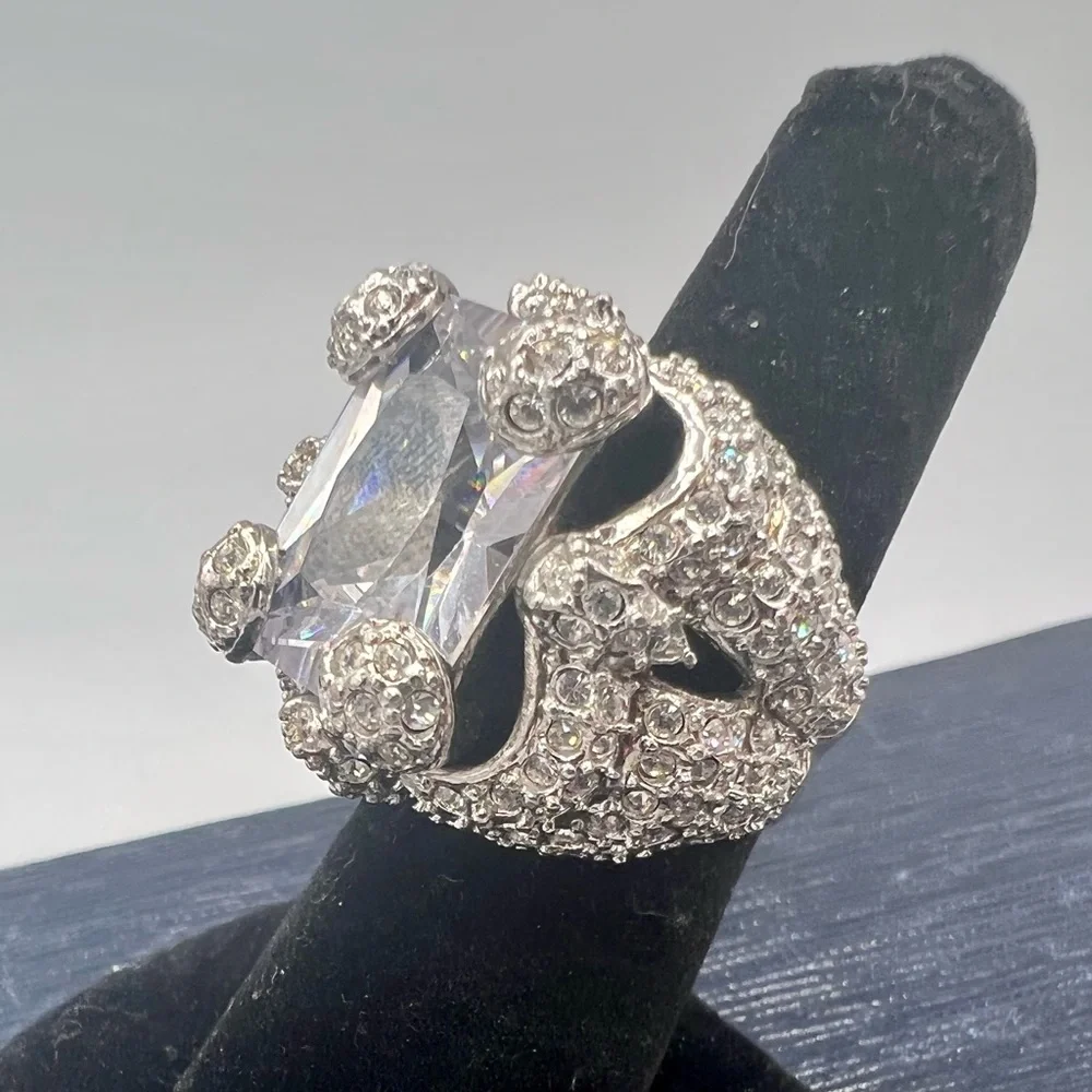 Huge chunky fake diamond cocktail ring paved rhinestones silver tone size 6